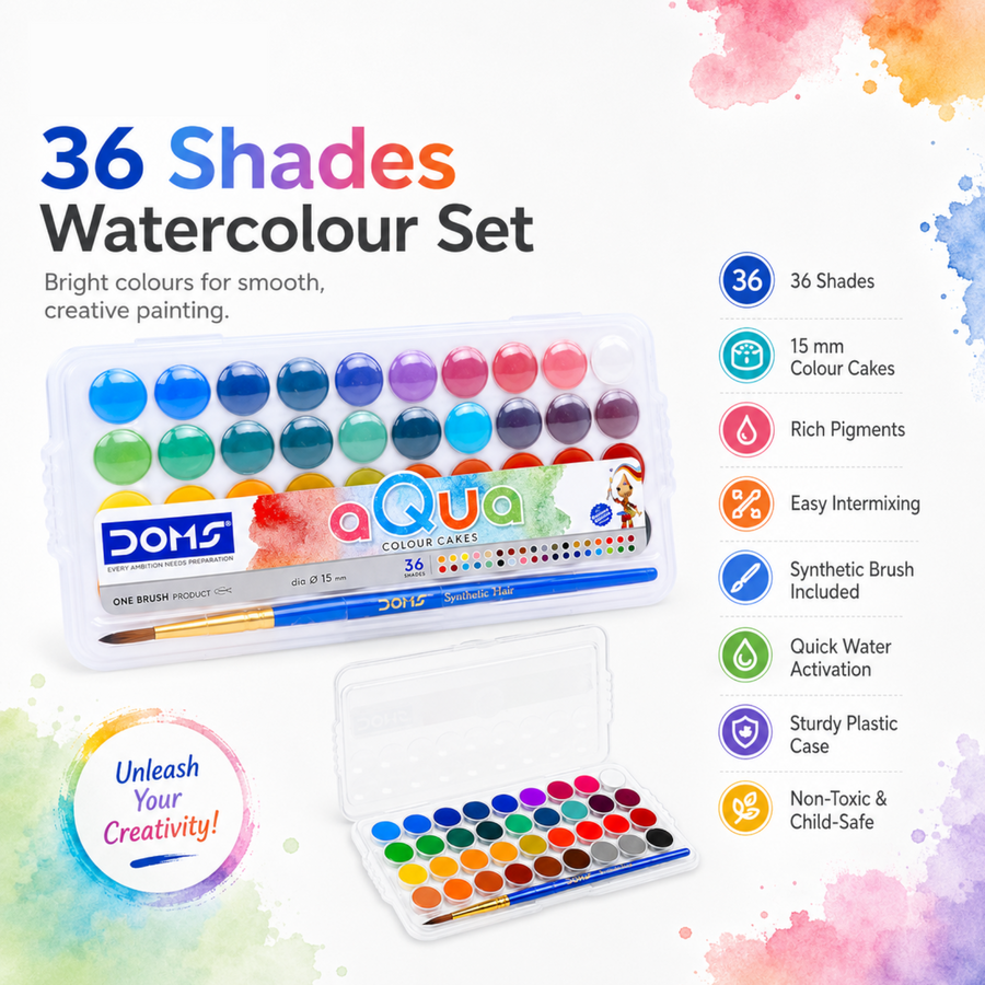 DOMS Aqua Colour Cakes 36 Shades (15 mm) with Brush | Premium Watercolour Palette for Students & Artists