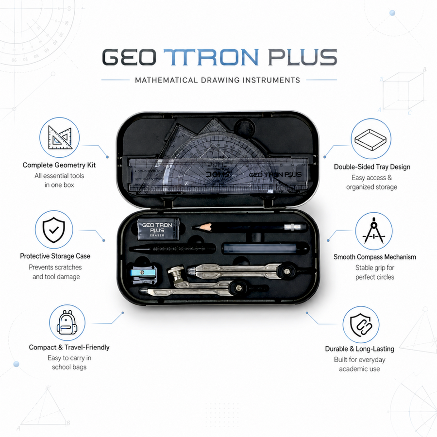 DOMS GEOTRON PLUS Math Instrument Box – Advanced Geometry Kit with Double-Sided Tray, Compass, Divider, Protractor, Scale & Accessories