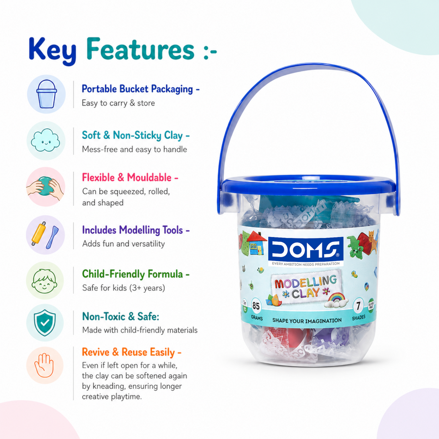 DOMS Modelling Clay 7 Shades (85g) – Soft Non-Sticky Clay with Bucket & Tools | Kids Creative Art & Craft Kit