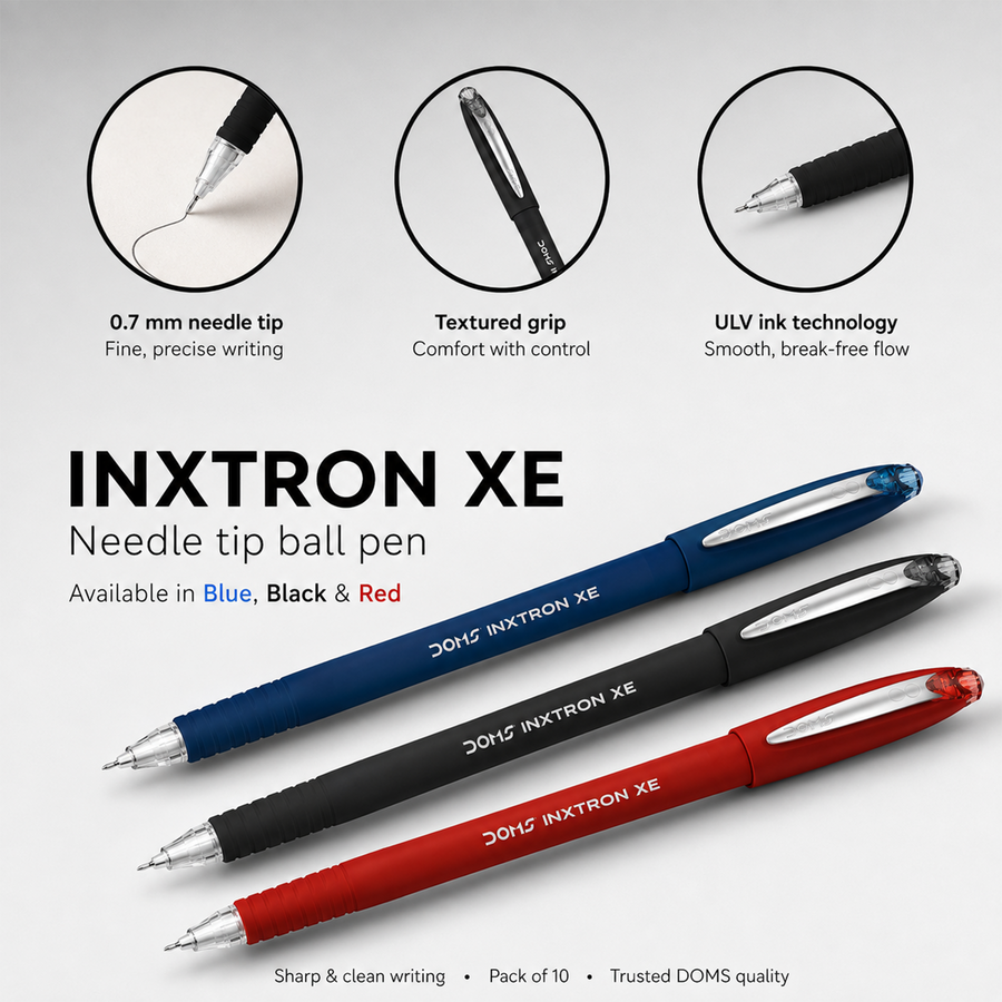 DOMS INXTRON XE Ball Pen 0.7 mm – Smooth Writing Premium Pen | Blue, Black & Red Ink | Single Pack Luxury Grip Pen for Office & School