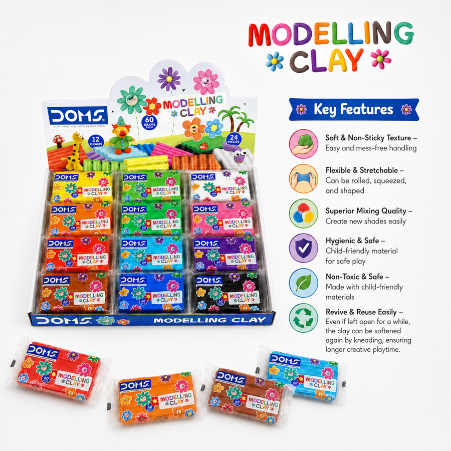 DOMS Modelling Clay Bar Set – 12 Shades, 24 Pieces (60g Each) | Soft Non-Sticky Clay for Kids Art & Craft