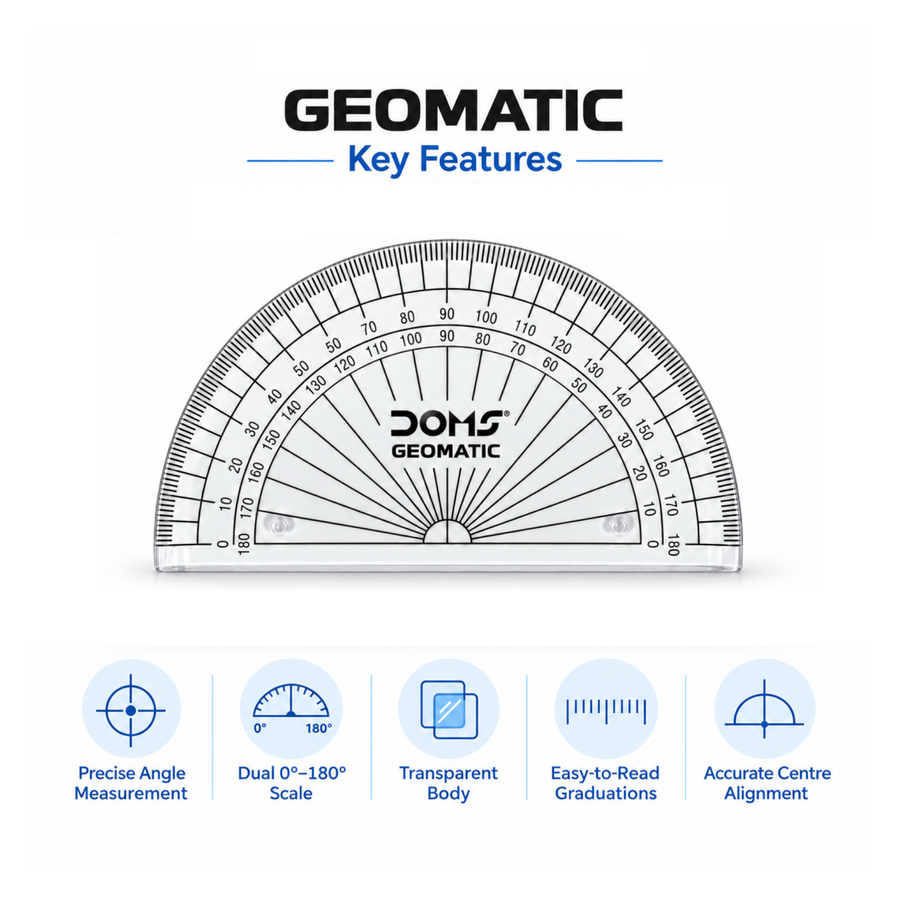 DOMS Geomatic Super Prime Protractor | 180 Degree Transparent Geometry Protractor with Dual Scale | Angle Measuring Tool for School, Maths & Technical Drawing