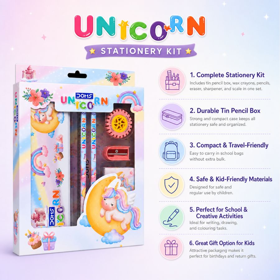 DOMS Unicorn Kit – Kids Stationery Set with Pencil Box, Wax Crayons, Pencils, Eraser, Sharpener & Scale | Cute Unicorn Theme School Kit
