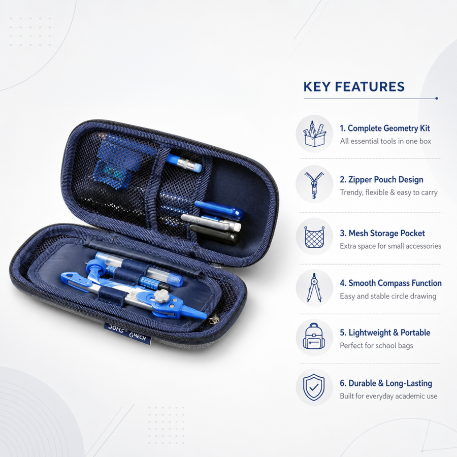 DOMS EMECH Math Instrument Box – Premium Geometry Kit with Zipper Pouch, Compass, Divider, Protractor, Scale & Accessories