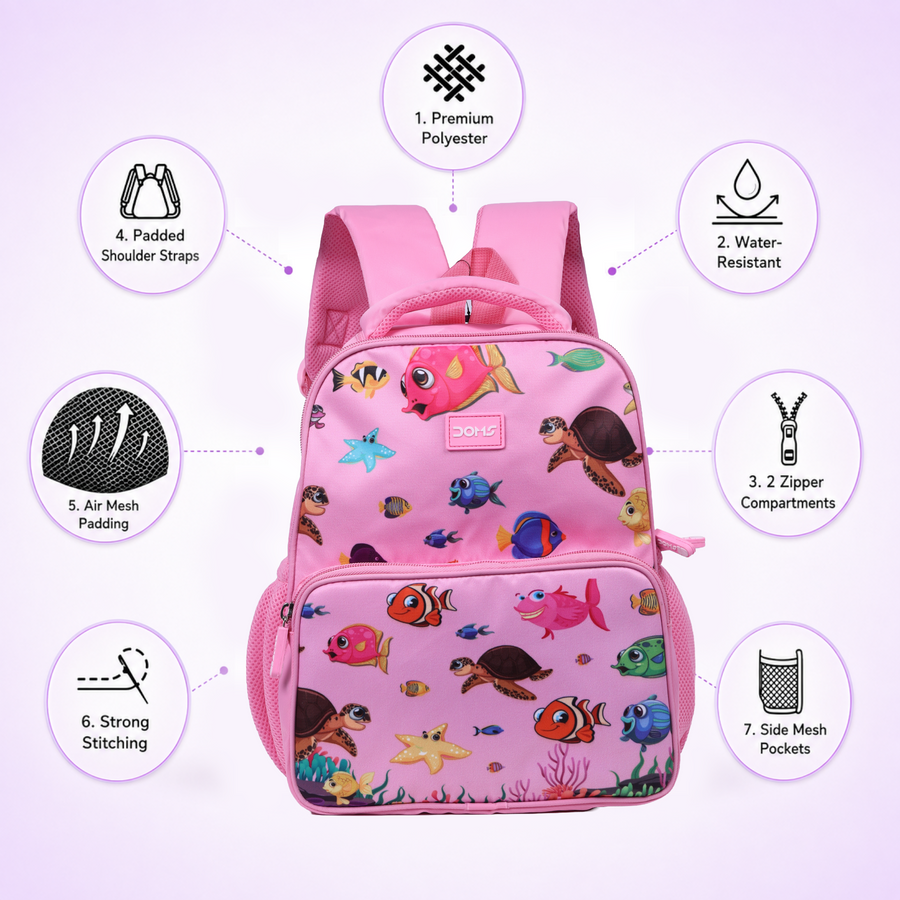 DOMS Aqua Bag Kids School Backpack – Ocean Theme Lightweight, Stylish & Spacious Backpack Water-Resistant Bag (14L)