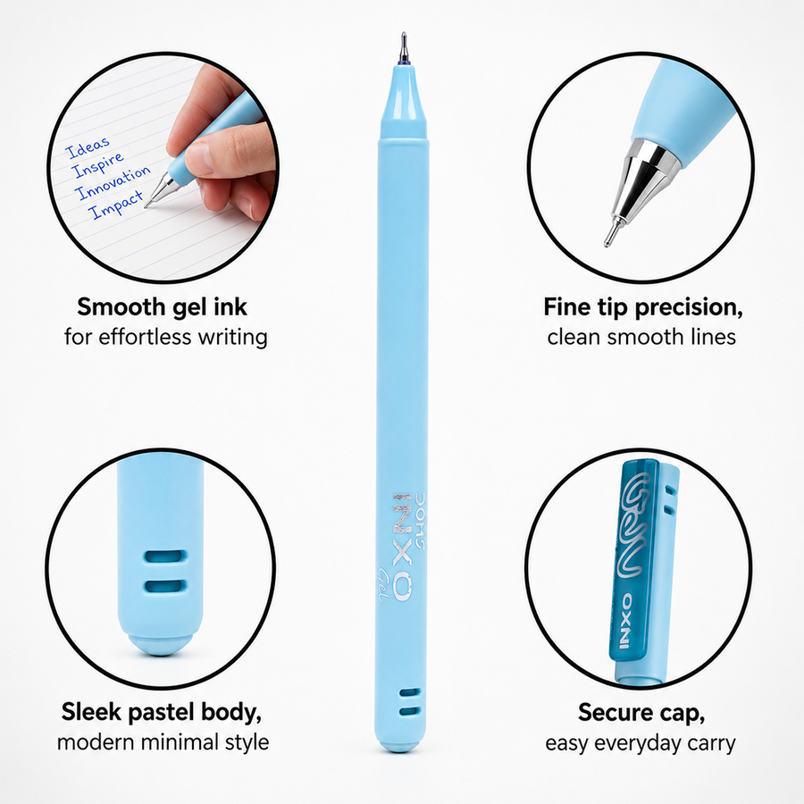 DOMS INXO Gel Pens Pack of 10 0.6mm Fine Tip | Pack of 10 Pens | Smooth Waterproof Ink | Blue, Black & Red Gel Pens