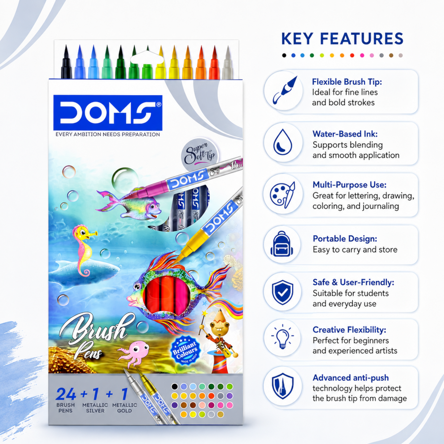 DOMS Brush Pen 26 Shades – Flexible Tip Art Pens for Calligraphy, Coloring & Illustration