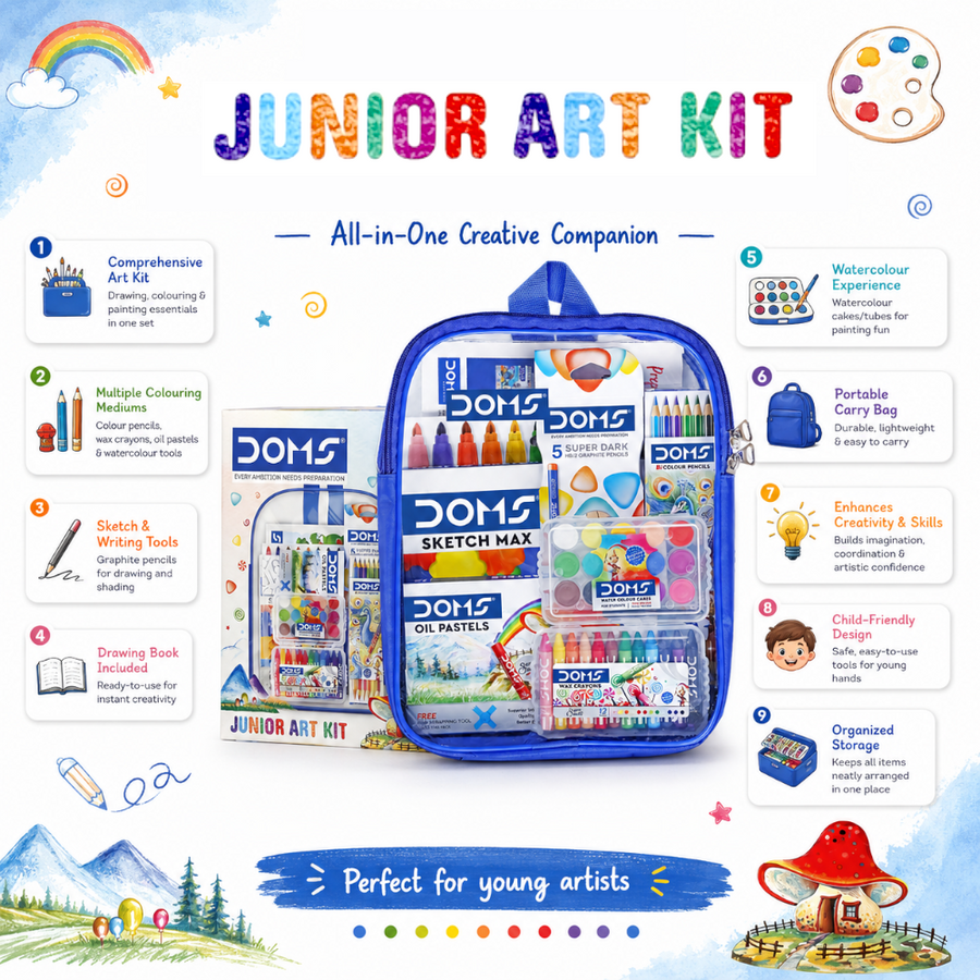 DOMS Junior Art Kit – Complete Art & Craft Set for Kids | Colouring, Drawing & Painting Kit with Carry Bag