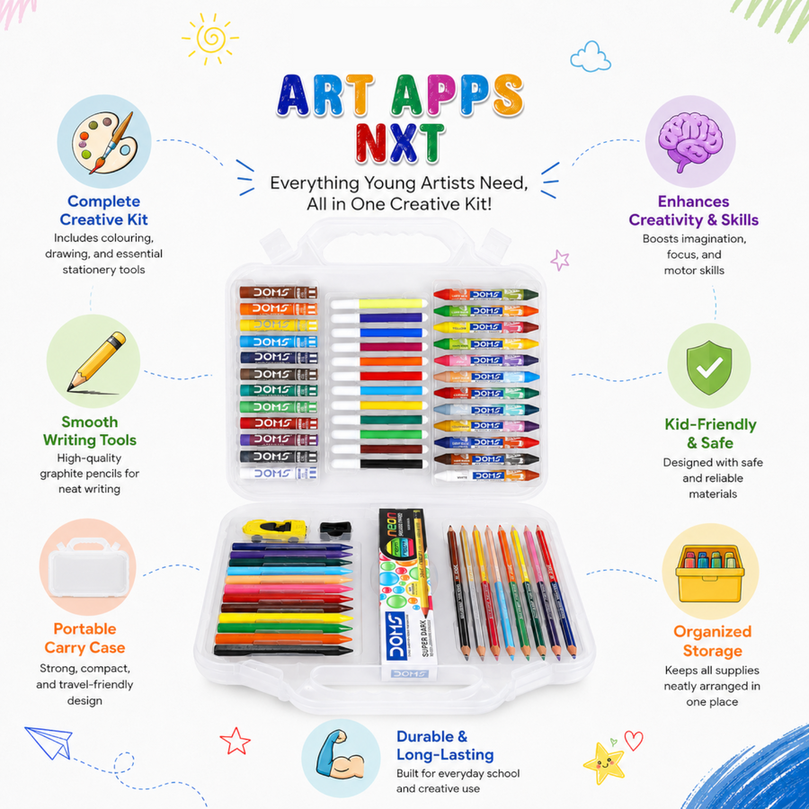 DOMS Art Apps NXT Creative Kit – All-in-One Art & Craft Set for Kids | Colouring, Drawing & School Stationery Kit with Carry Case