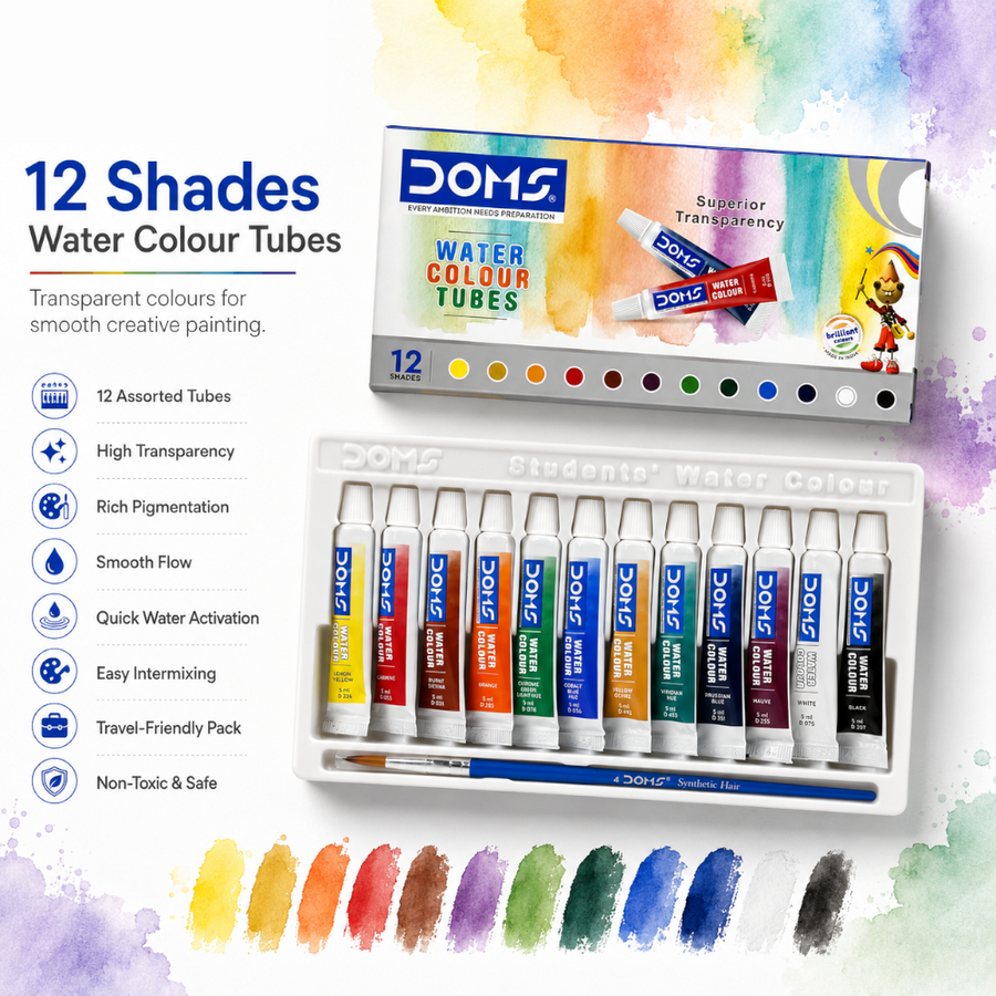 DOMS Water Colour Tubes (12 Shades) with Synthetic Brush | Rich Pigment Watercolors for Students & Beginners