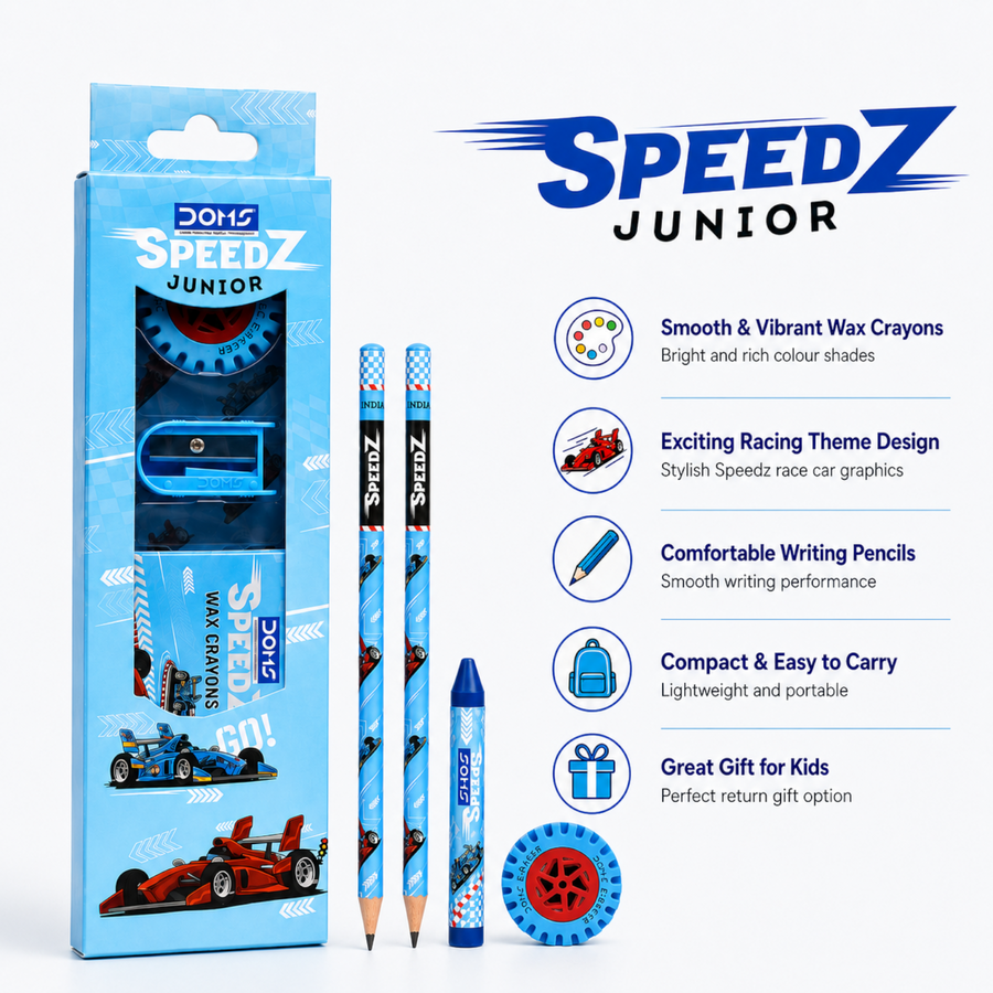 DOMS Speedz Kit – Kids Stationery Set with Pencil Box, Wax Crayons, Pencils, Eraser, Sharpener & Scale | Complete School Kit