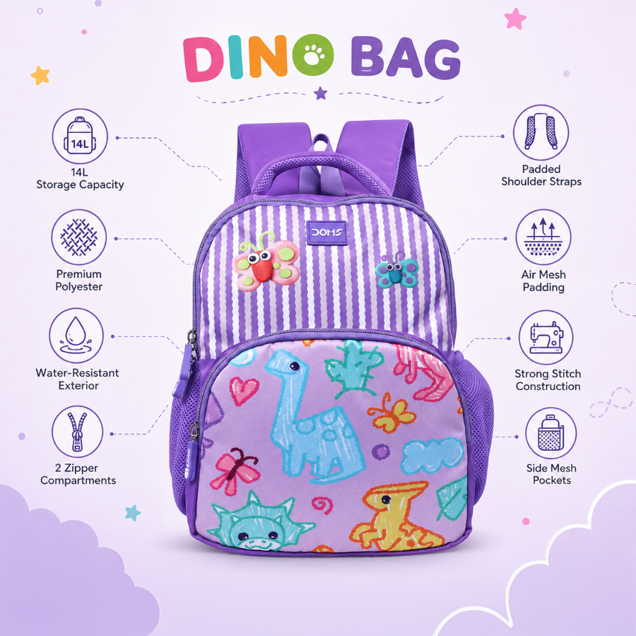 DOMS Dino Bag Kids School Backpack – Lightweight Water-Resistant Dinosaur Theme Bag (14L)