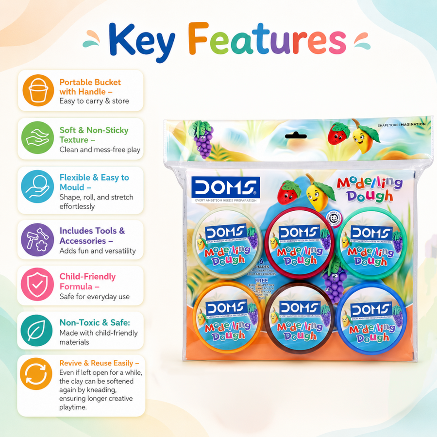 DOMS Modelling Dough 6 Shades (450g) with Tools | Soft Non-Toxic Kids Clay Set for Creative Play