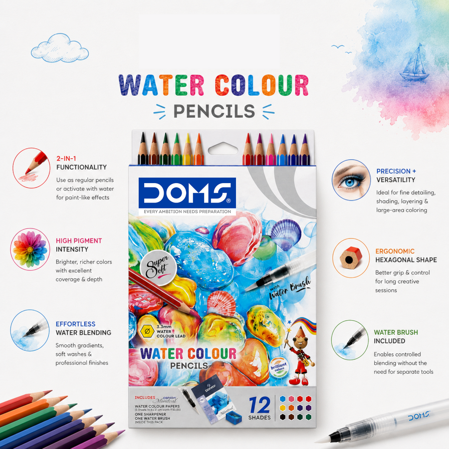 DOMS Water Colour Pencils Set Premium Watercolor Pencils with Brush & Sharpener | Smooth Blending, Rich Pigments for Kids, Students & Artists