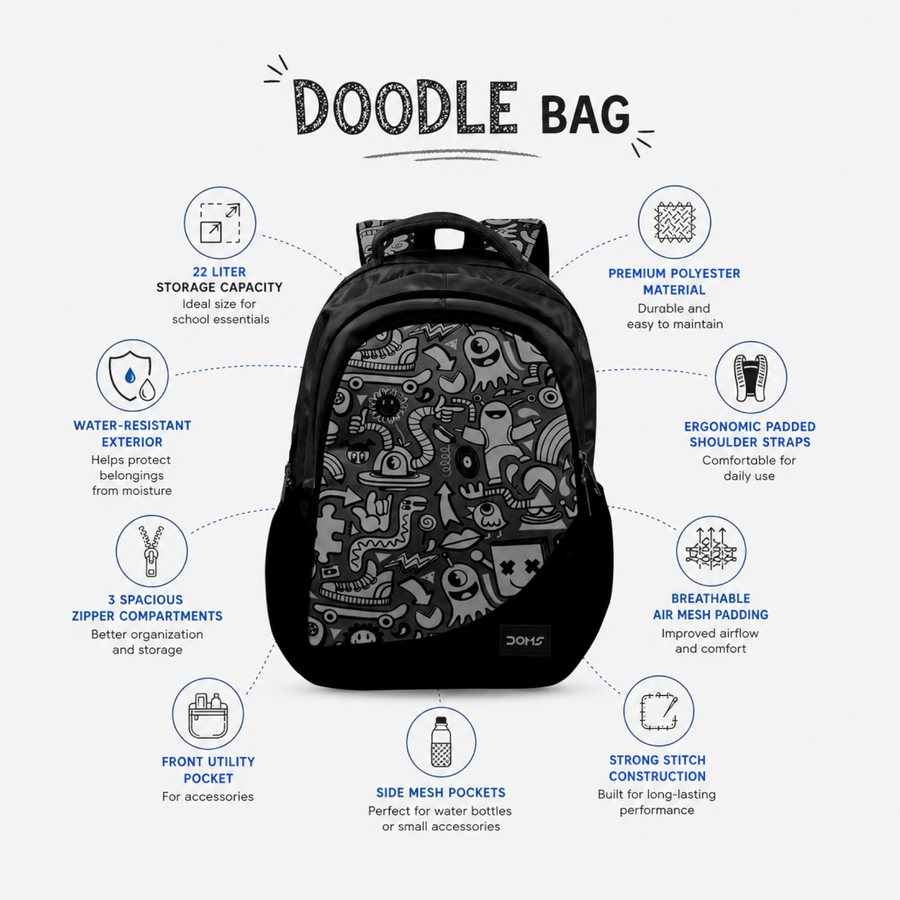 DOMS Doodle Bag School Backpack – Lightweight Water-Resistant | Graphic Print Bag (34L)