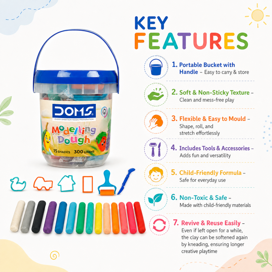DOMS Modelling Dough 15 Shades (300g) with Bucket & Tools | Soft Non-Toxic Kids Dough for Creative Play