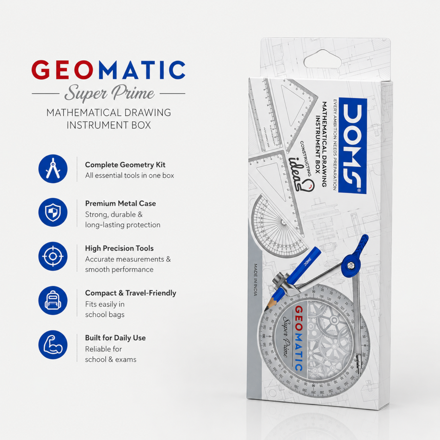 DOMS GEOMATIC Math Instrument Box – Complete Geometry Kit with Compass, Protractor, Divider, Ruler & Accessories