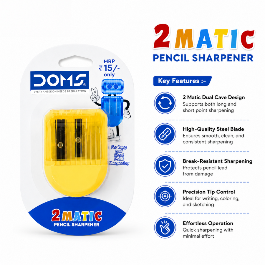 DOMS 2 Matic Pencil Sharpener | Dual Cave Sharpener for Long & Short Point | Smooth Sharpening, Durable Blade for School & Office Use
