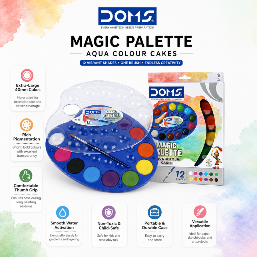 DOMS Magic Palette Aqua Color Cakes 12 Shades (40mm) | Large Pan Watercolor Paint Set | Non-Toxic, Vibrant & Smooth Blending Art Kit