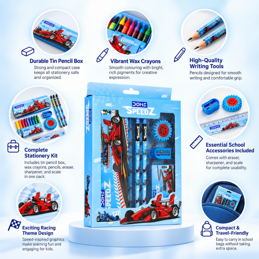 DOMS Speedz Kit Kids Stationery Set with Pencil Box, Wax Crayons, Pencils, Eraser, Sharpener & Scale | Complete School Kit