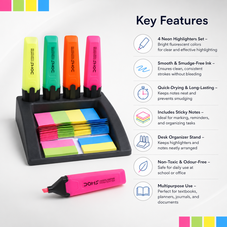 DOMS Deskmate 4 Assorted Highlighter Pens- 4 Pack Fluorescent Markers + Sticky Notes Desk Organizer Kit
