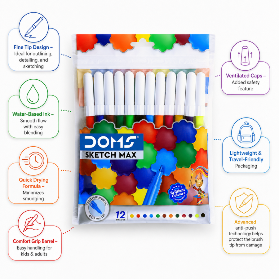 DOMS Sketch Max Water Colour Pens  | Fine Tip Water-Based Colour Pens for Drawing, Sketching & Colouring