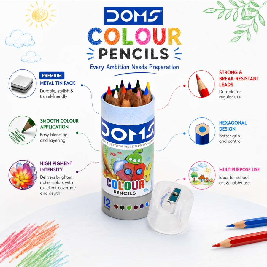 DOMS Half Size 12 Shades Colour Pencil Tin Pack | Premium Metal Box with Vibrant Colour Pencils & Sharpener