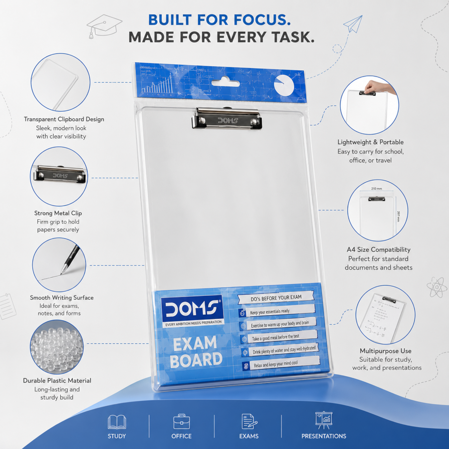 DOMS Exam Board Clipboard – A4 Writing Pad with Strong Metal Clip | Lightweight Study Board for School, Office & Exams