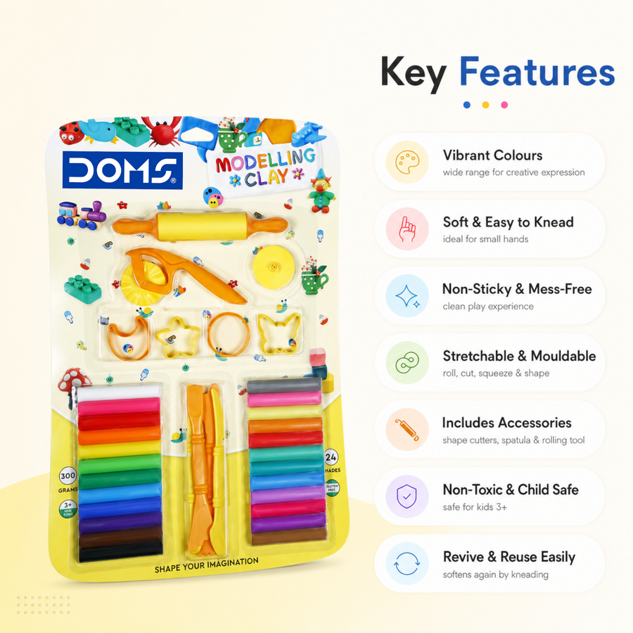 DOMS Modelling Clay 24 Shades (300g) with Tools | Non-Toxic Soft Clay Set for Kids Art & Craft