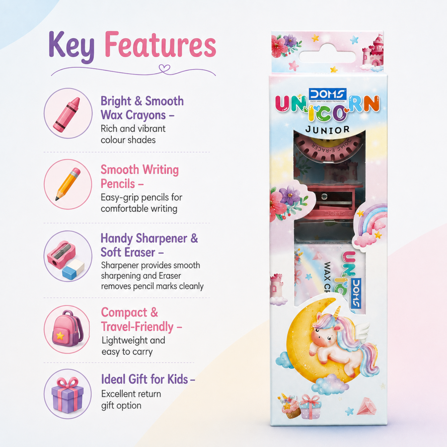 DOMS Unicorn Junior Stationery Kit – Kids Creative Combo with Wax Crayons, Pencil, Eraser & Sharpener for School & Art Activities