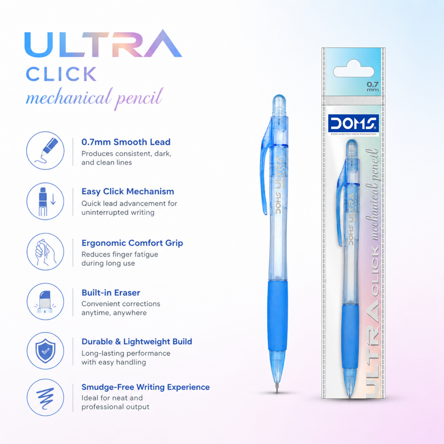 DOMS Ultra Click Mechanical Pencil 0.7mm | Smooth Writing Click Pencil with Built-in Eraser | Ergonomic Grip, Vibrant Body Colors