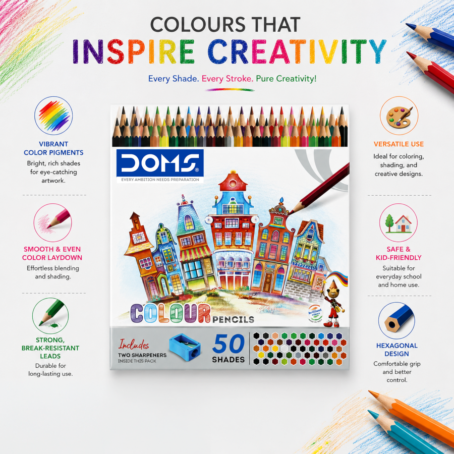 DOMS Full Size 50 Shades Colour Pencils Set with 2 Sharpeners | Premium Vibrant Coloring Pencils for Artists, Students & Professionals