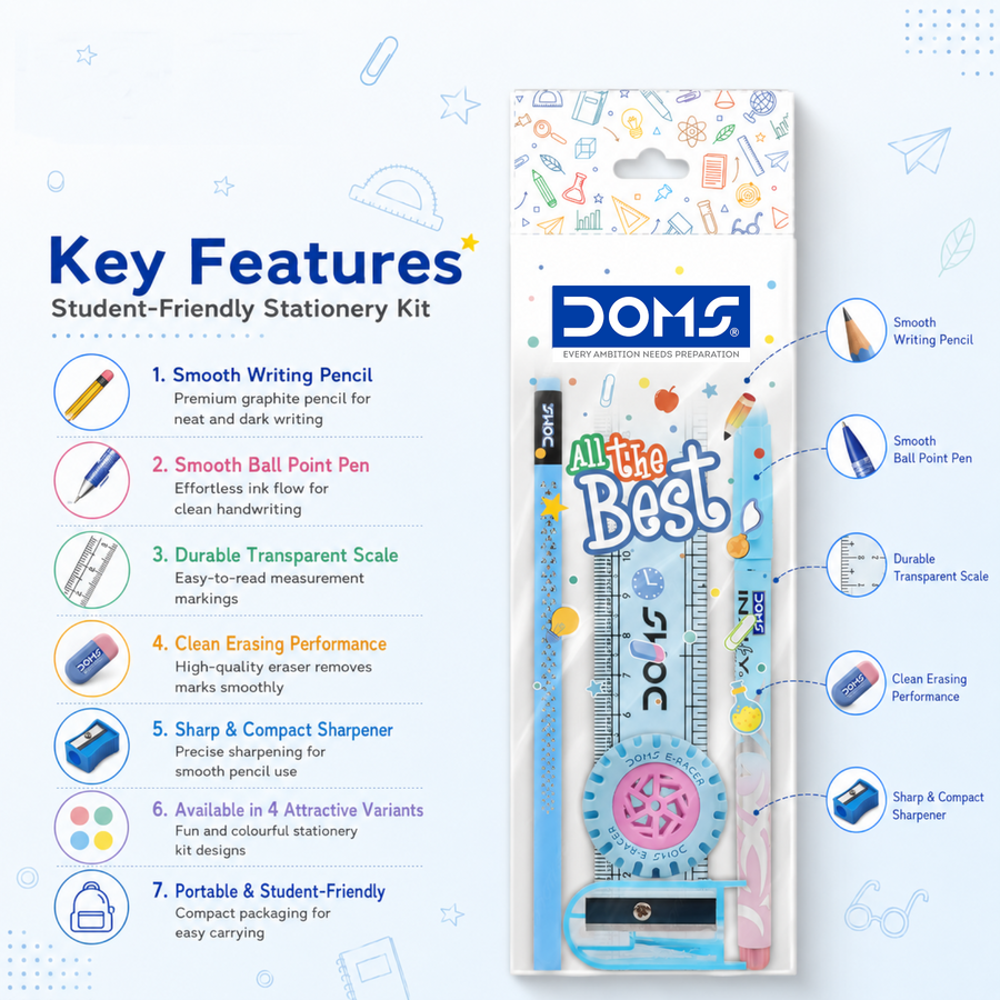 DOMS All The Best Stationery Kit – Complete Exam Essentials Set with Pencil, Pen, Ruler, Eraser & Sharpener | Student Stationery Combo Pack