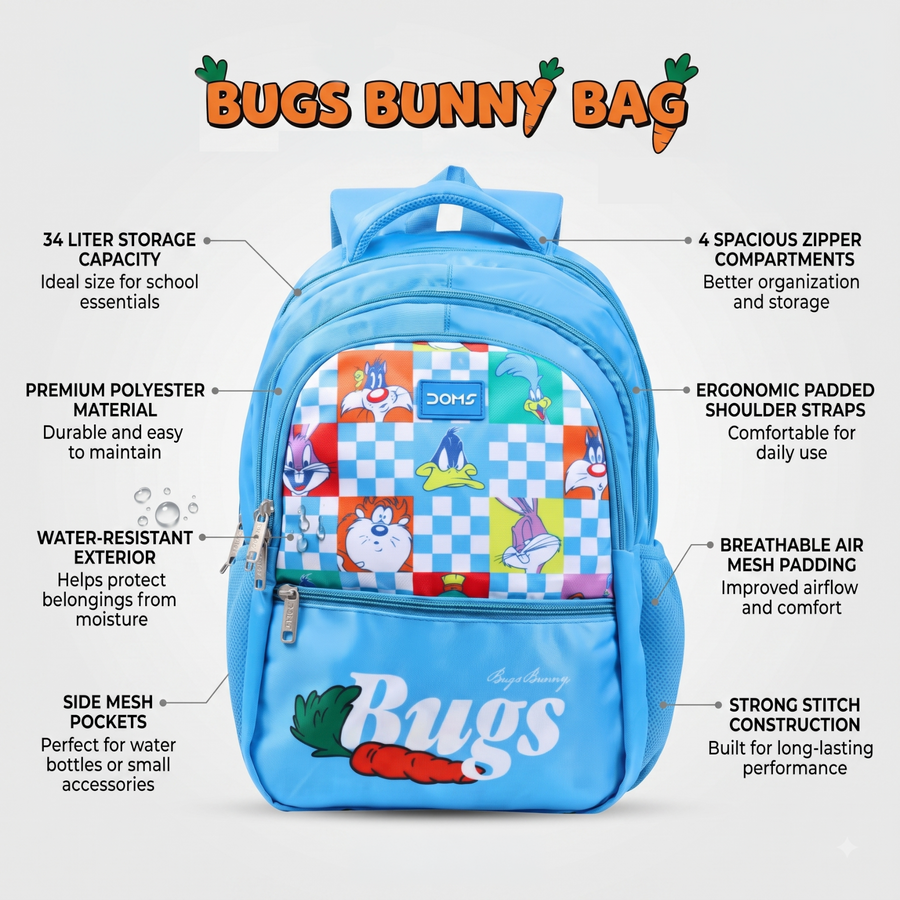 DOMS Bugs Bunny School Backpack – Lightweight Water-Resistant | Looney Tunes Theme Bag (34L) | Official Licensed Merchandise
