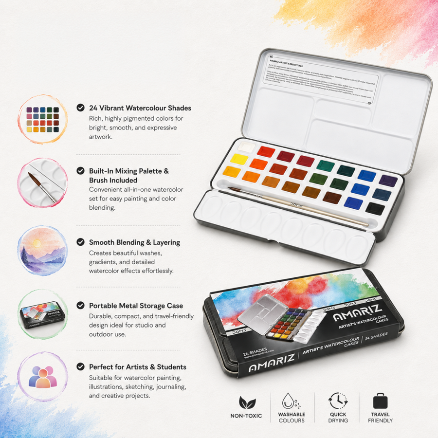 DOMS AMARIZ Artist’s Watercolour Cakes 24 Shades | Premium Water Colour Cake Set with Brush & Mixing Palette for Artists, Students & Beginners