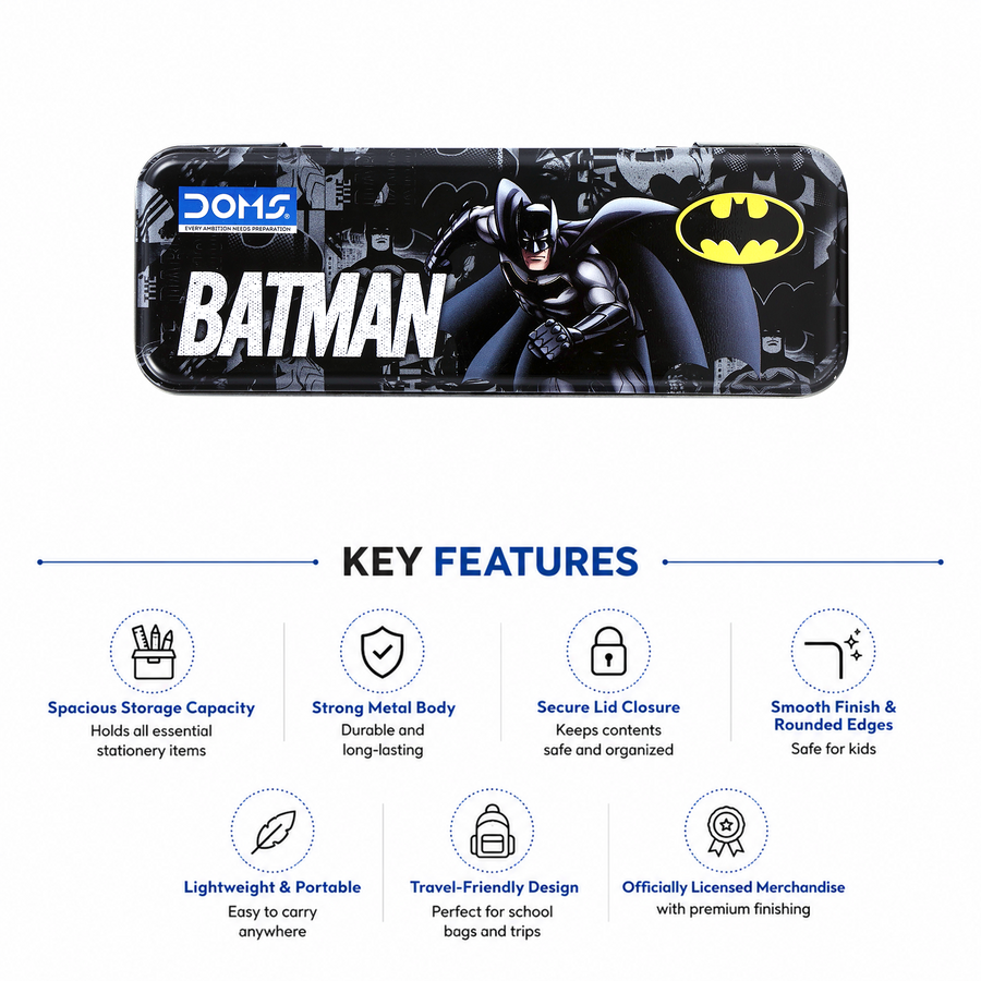 DOMS Batman Metal Pencil Box Officially Licensed DC Stationery Box | Durable Metal Pencil Case with Secure Lid, Rounded Edges & Spacious Storage for School