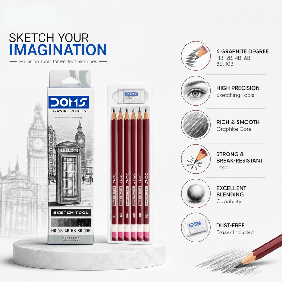 DOMS Drawing Pencil Set of 6 (HB–10B) | Professional Sketching Pencils with Eraser | High Precision Graphite Pencils for Artists, Students & Shading