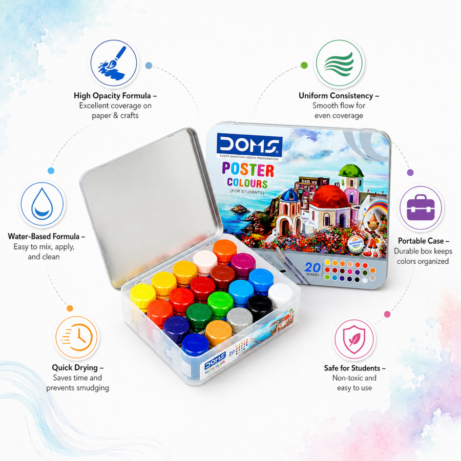 DOMS STUDENT POSTER COLOUR 20 SHADES – Vibrant Water-Based Paint Set for School & Creative Projects