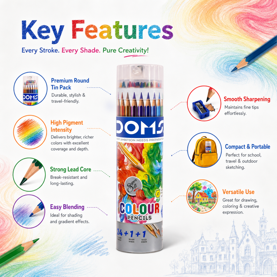 DOMS Full Size Colour Pencils 24 Shades Round Tin Pack | Vibrant & Smooth Colouring Pencils for Kids, Drawing, Sketching, Shading & Art Projects