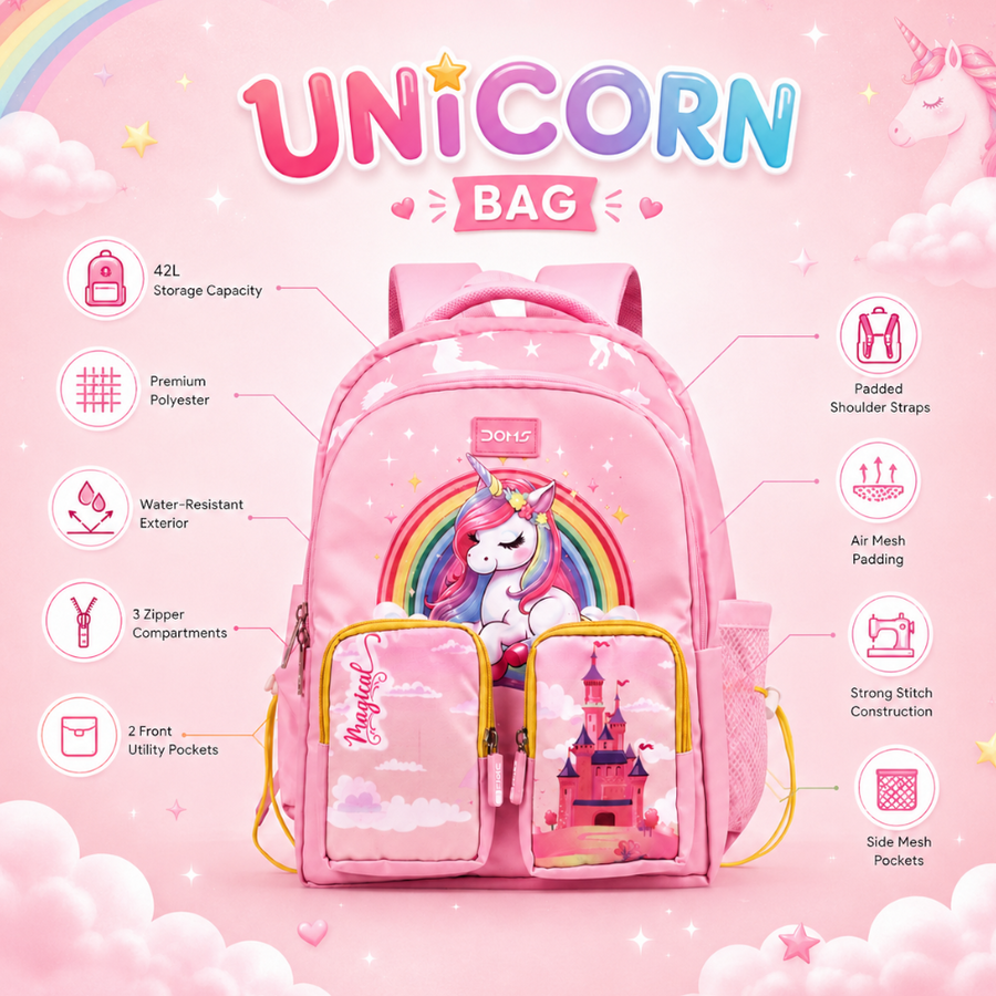 DOMS Unicorn Bag Kids School Backpack – Large Capacity Water-Resistant Unicorn Theme Bag (42L)