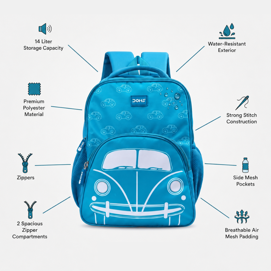 DOMS SPEEDz Bag Kids School Backpack – Lightweight Car Theme Water-Resistant Backpack (14L)