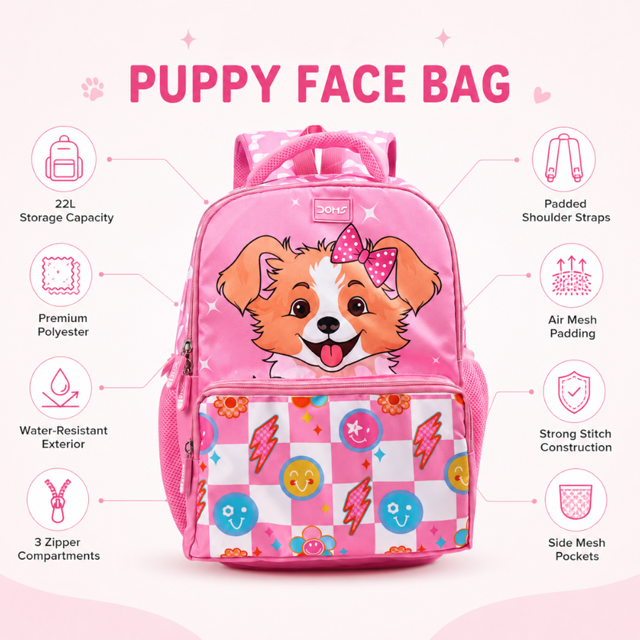 DOMS Puppy Face Bag Kids School Backpack – Cute Puppy Theme Lightweight Water-Resistant Bag (22L)