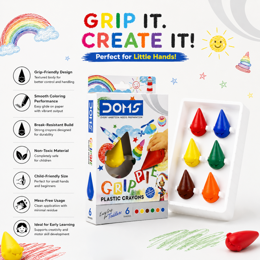DOMS GRIPPIE Crayons 6 Shades Set for Kids | Non-Toxic Jumbo Grip Coloring Crayons | Smooth, Break-Resistant Art & Drawing Kit