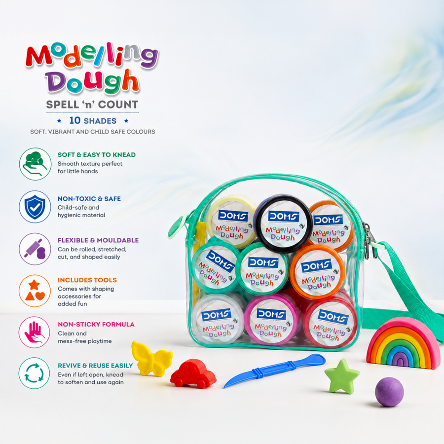 DOMS Modelling Dough 10 Shades (250g) – Non-Toxic Soft Clay Dough Set for Kids with Tools | Creative Art & Craft Kit