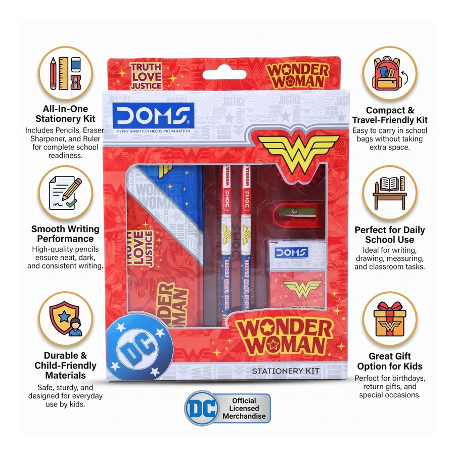 DOMS Wonder Woman Stationery Kit – Kids School Supplies Set with Pencils, Eraser, Sharpener & Ruler | Superhero Theme Gift Kit for Girls