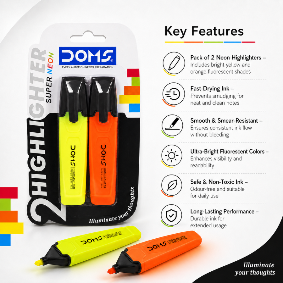 DOMS Neon Highlighters Pack of 2 – Ultra Bright Fluorescent Highlighter Pens, Smudge-Free, Fast Drying, Study & Office Stationery