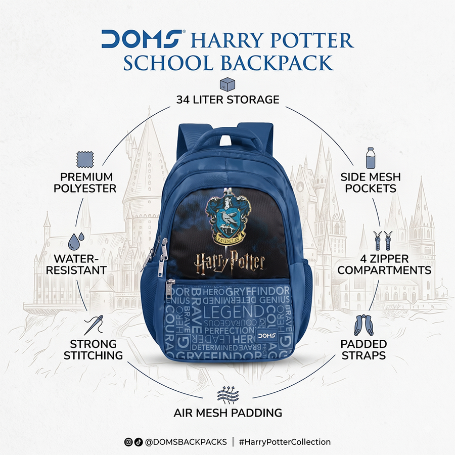 DOMS Harry Potter School Backpack – Lightweight Water-Resistant Hogwarts Theme Bag (34L) | Official Licensed Merchandise