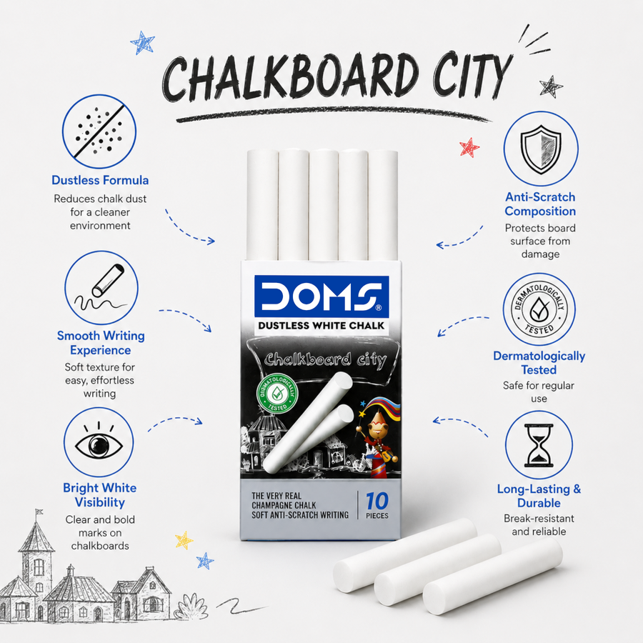 DOMS Dustless Chalk – 10 Pieces | Smooth Writing Anti-Dust Chalk Sticks | Classroom, School & Office Chalkboard Use