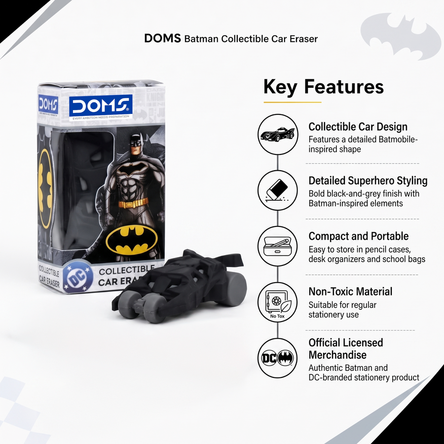 DOMS Batman Collectible Car Eraser – Officially Licensed DC Merchandise, Batmobile-Inspired Eraser for Kids
