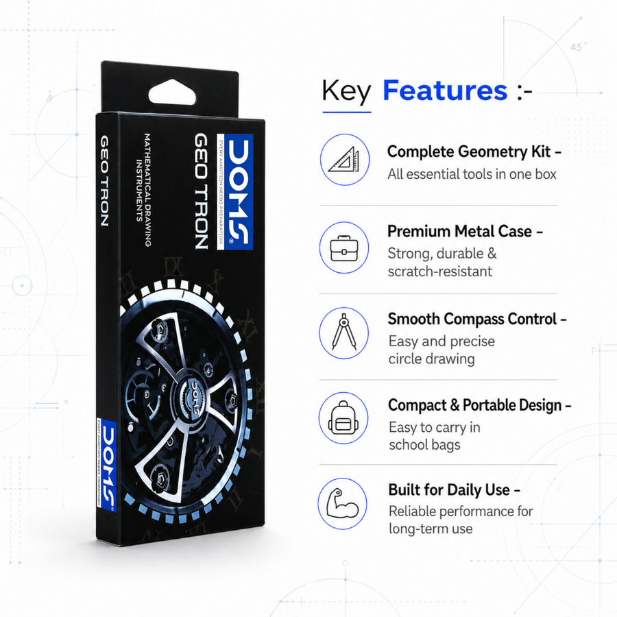DOMS GEOTRON Math Instrument Box – Premium Metal Geometry Kit with Compass, Divider, Protractor, Scale & Accessories for Students